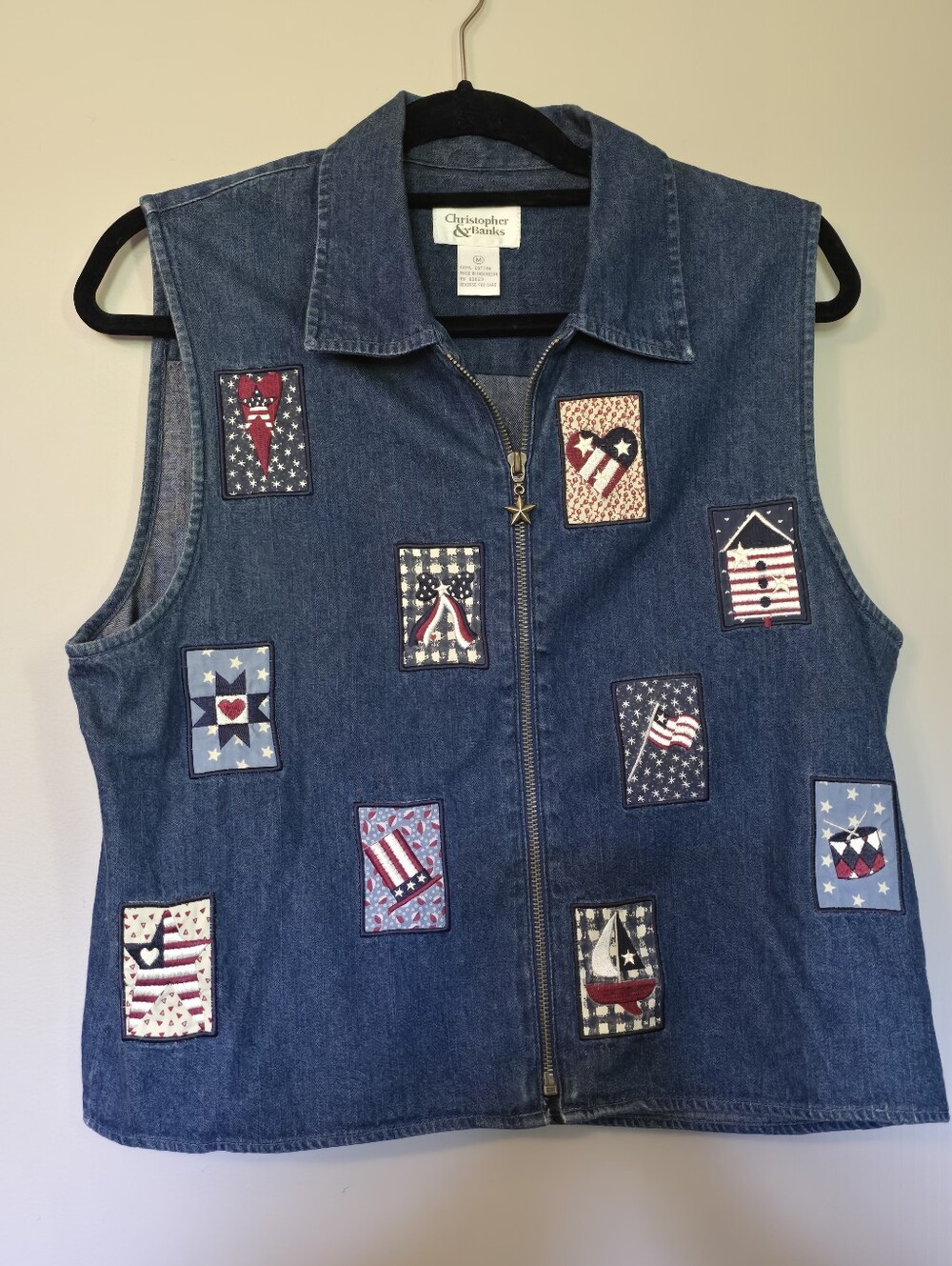 Christopher & Banks Denim Patchwork Vest - Navy Blue with Patriotic Patches,